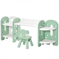 Homcom Tables Et Chaises Enfant Ensemble Bureau, Chaise Et Bibliothèque Pour Enfant Vert D'eau Blanc