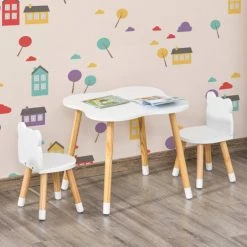 Homcom Tables Et Chaises Enfant Ensemble Scandinave Table Et Chaises Enfant Motif Ourson Bois Blanc -Commodes enfant Soldes ensemble scandinave table et chaises enfant motif ourson bois blanc 3