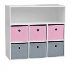 Wadiga Commodes Enfant Meuble De Rangement Chambre Enfant Blanche Avec 6 Paniers Rose Et Gris
