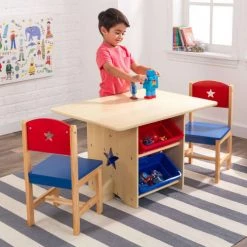 KidKraft Tables Et Chaises Enfant Table Rangement Enfant Bois Naturel Et Bacs Rouge Et Bleu -Commodes enfant Soldes table rangement enfant bois naturel et bacs rouge et bleu 1