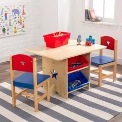 KidKraft Tables Et Chaises Enfant Table Rangement Enfant Bois Naturel Et Bacs Rouge Et Bleu -Commodes enfant Soldes table rangement enfant bois naturel et bacs rouge et bleu 2