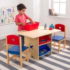 KidKraft Tables Et Chaises Enfant Table Rangement Enfant Bois Naturel Et Bacs Rouge Et Bleu -Commodes enfant Soldes table rangement enfant bois naturel et bacs rouge et bleu 3