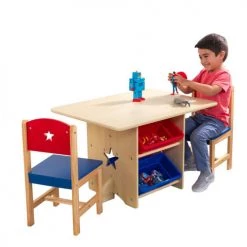 KidKraft Tables Et Chaises Enfant Table Rangement Enfant Bois Naturel Et Bacs Rouge Et Bleu -Commodes enfant Soldes table rangement enfant bois naturel et bacs rouge et bleu 4