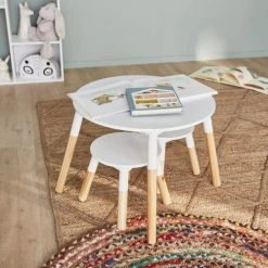 Alice's Garden Tables Et Chaises Enfant Table Ronde Et Deux Tabourets Pour Enfants Naturel Blanc -Commodes enfant Soldes table ronde et deux tabourets pour enfants naturel blanc 2